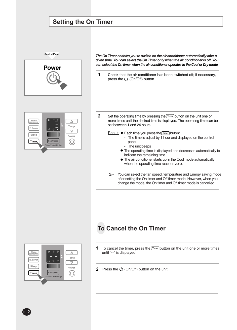 Programming your air conditioner, Setting the on timer, Power | Samsung AW0593L-XAA User Manual | Page 12 / 28