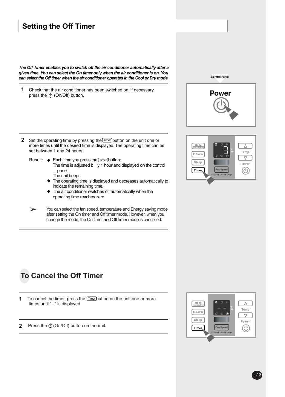 Setting the off timer, Power | Samsung AW0593L-XAA User Manual | Page 13 / 28