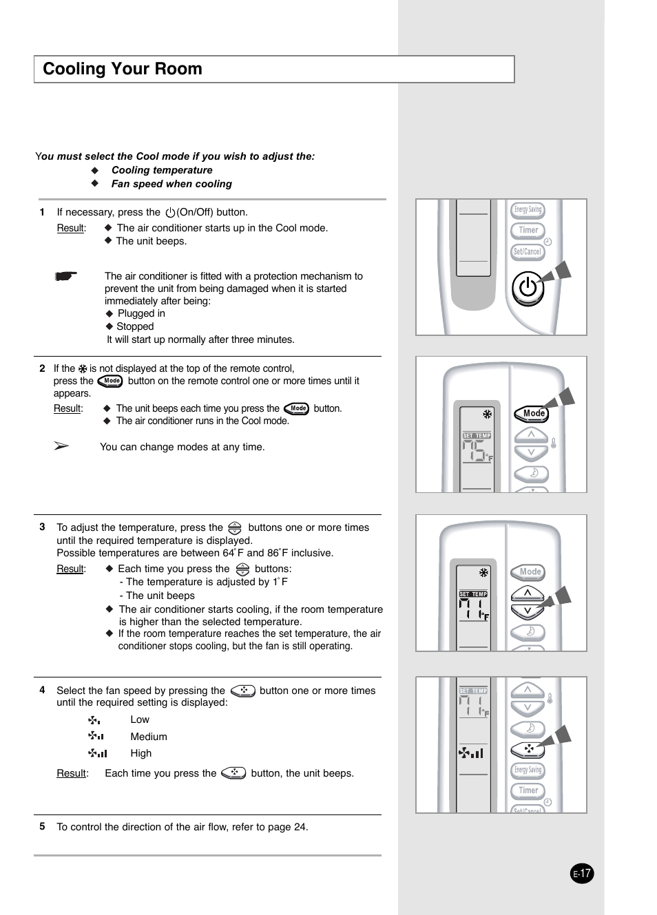 Operating your air conditioner, Cooling your room | Samsung AW0593L-XAA User Manual | Page 17 / 28