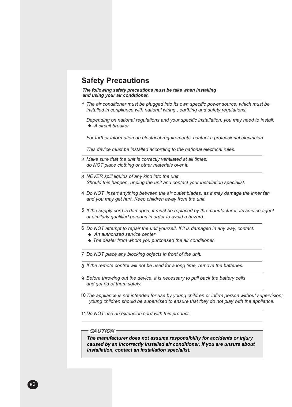 Preparing your air conditioner, Safety precautions | Samsung AW0593L-XAA User Manual | Page 2 / 28