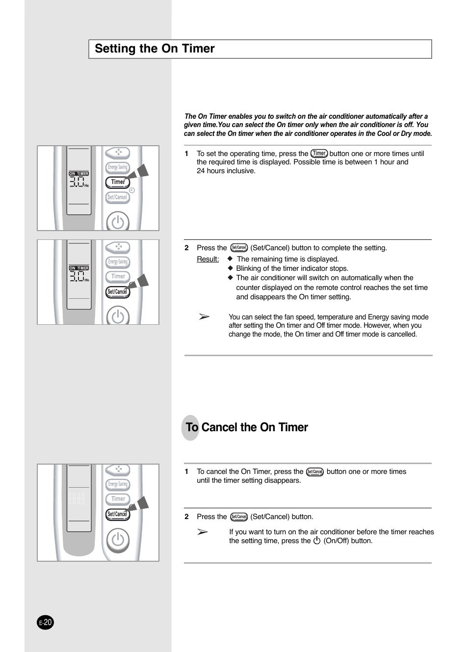 Programming your air conditioner, Setting the on timer | Samsung AW0593L-XAA User Manual | Page 20 / 28