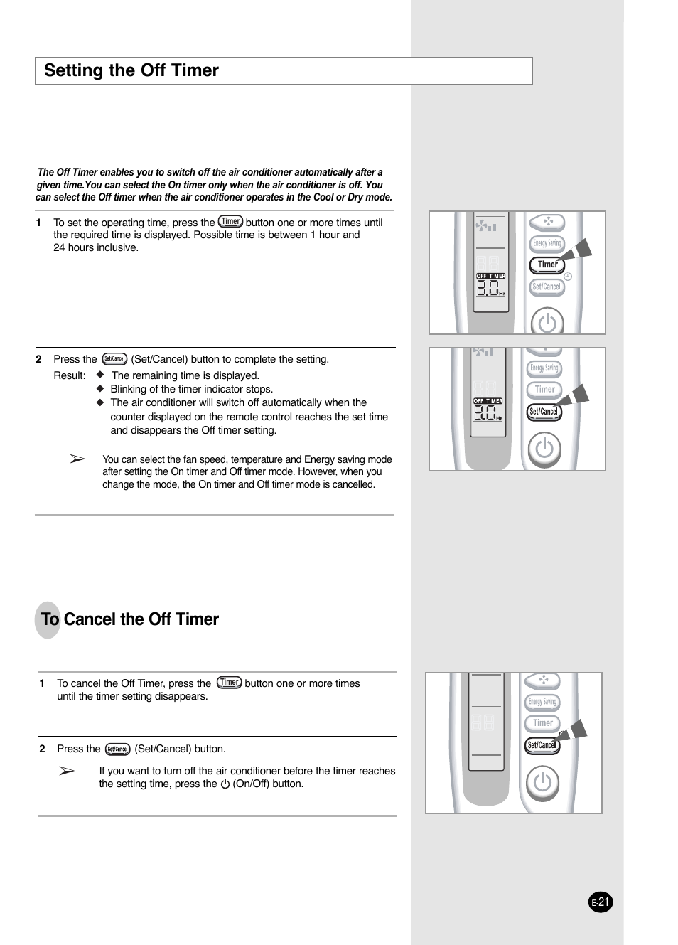 Setting the off timer | Samsung AW0593L-XAA User Manual | Page 21 / 28