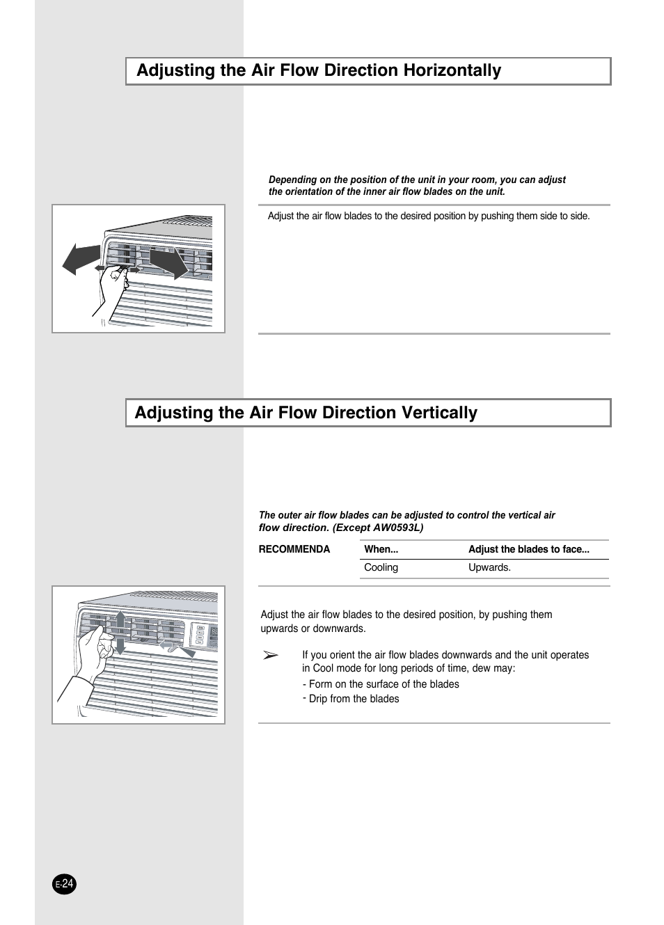 Adjusting the air flow direction horizontally, Adjusting the air flow direction vertically | Samsung AW0593L-XAA User Manual | Page 24 / 28