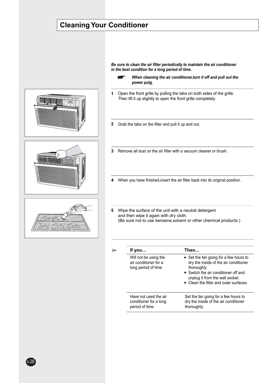 Cleaning your air conditioner, Cleaning your conditioner | Samsung AW0593L-XAA User Manual | Page 26 / 28