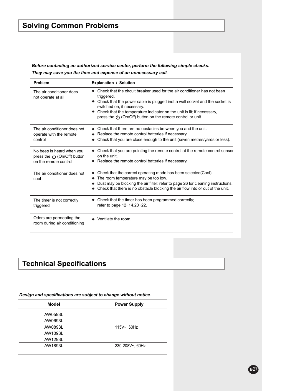 Solving common problems, Technical specifications | Samsung AW0593L-XAA User Manual | Page 27 / 28