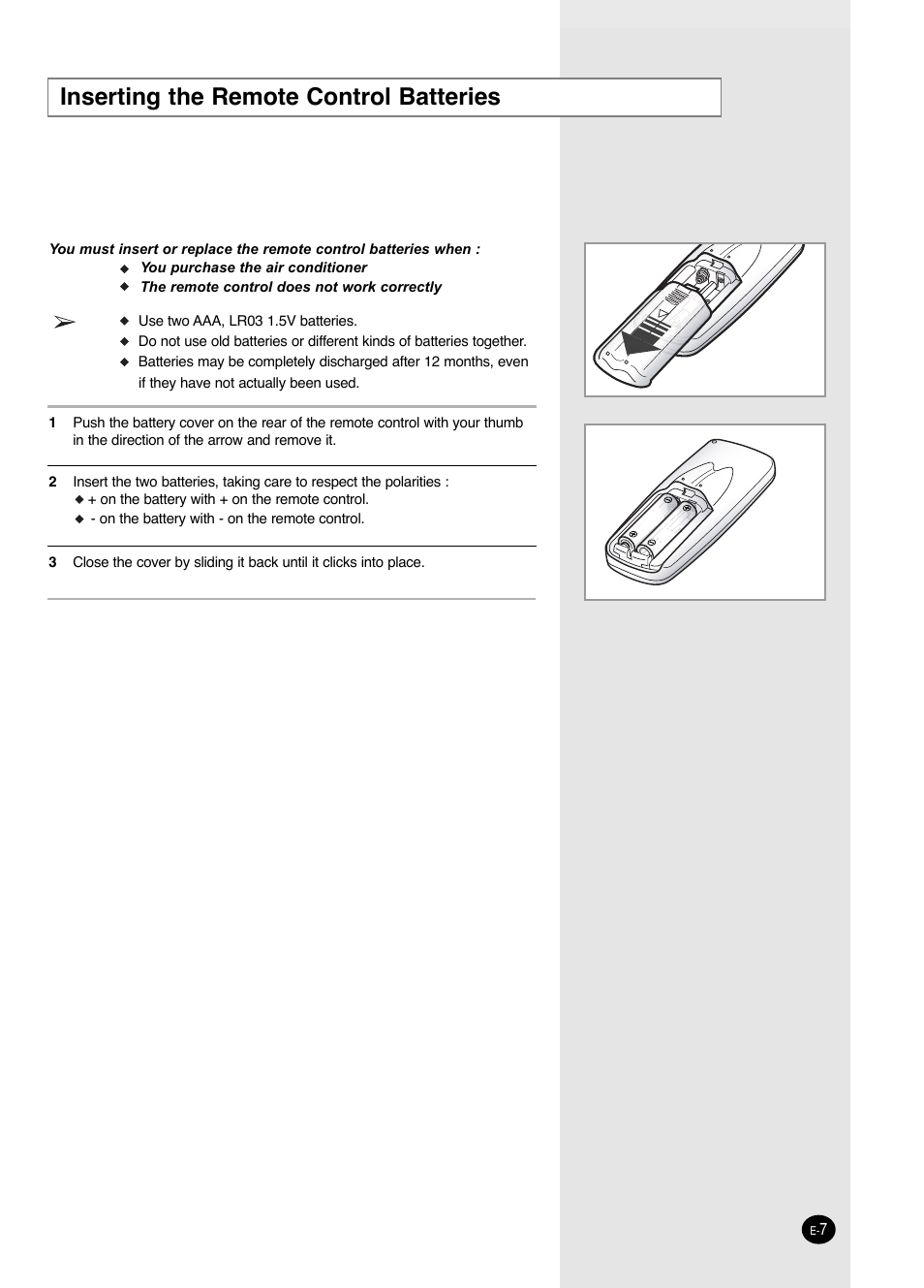 Inserting the remote control batteries | Samsung AW0593L-XAA User Manual | Page 7 / 28