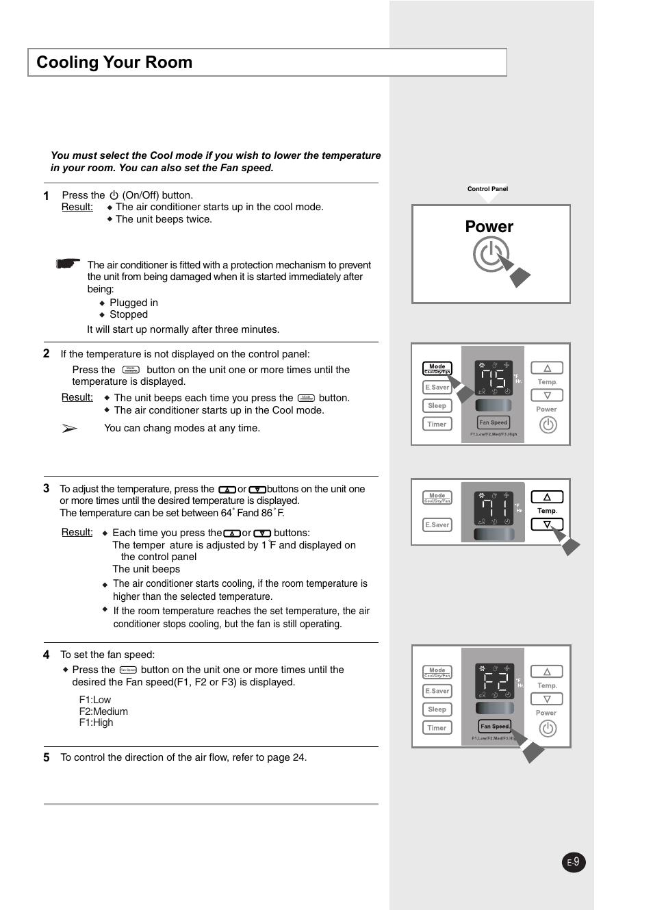 Operating your air conditioner, Cooling your room, Power | Samsung AW0593L-XAA User Manual | Page 9 / 28