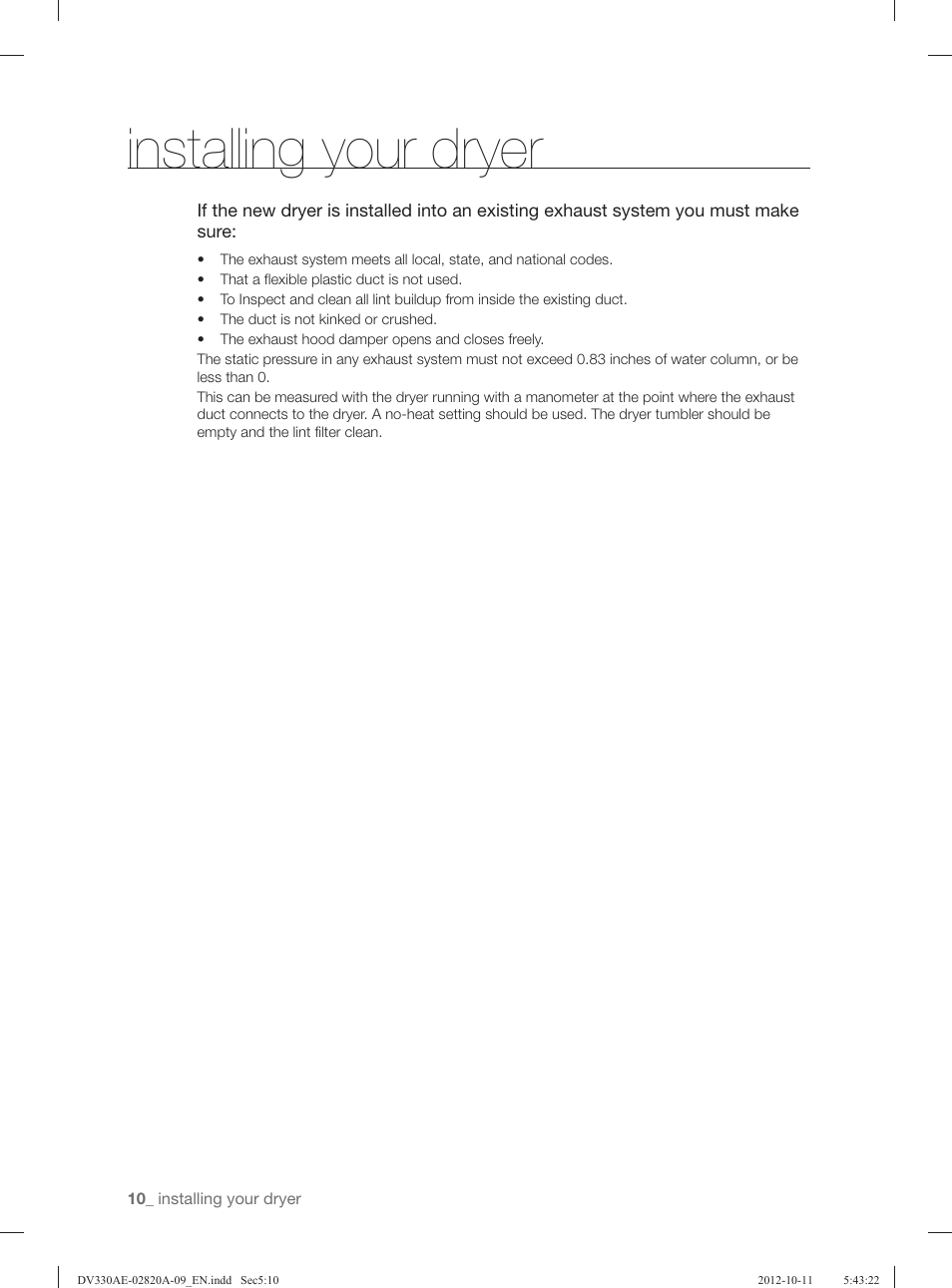 Installing your dryer | Samsung DV330AGB-XAA User Manual | Page 10 / 76