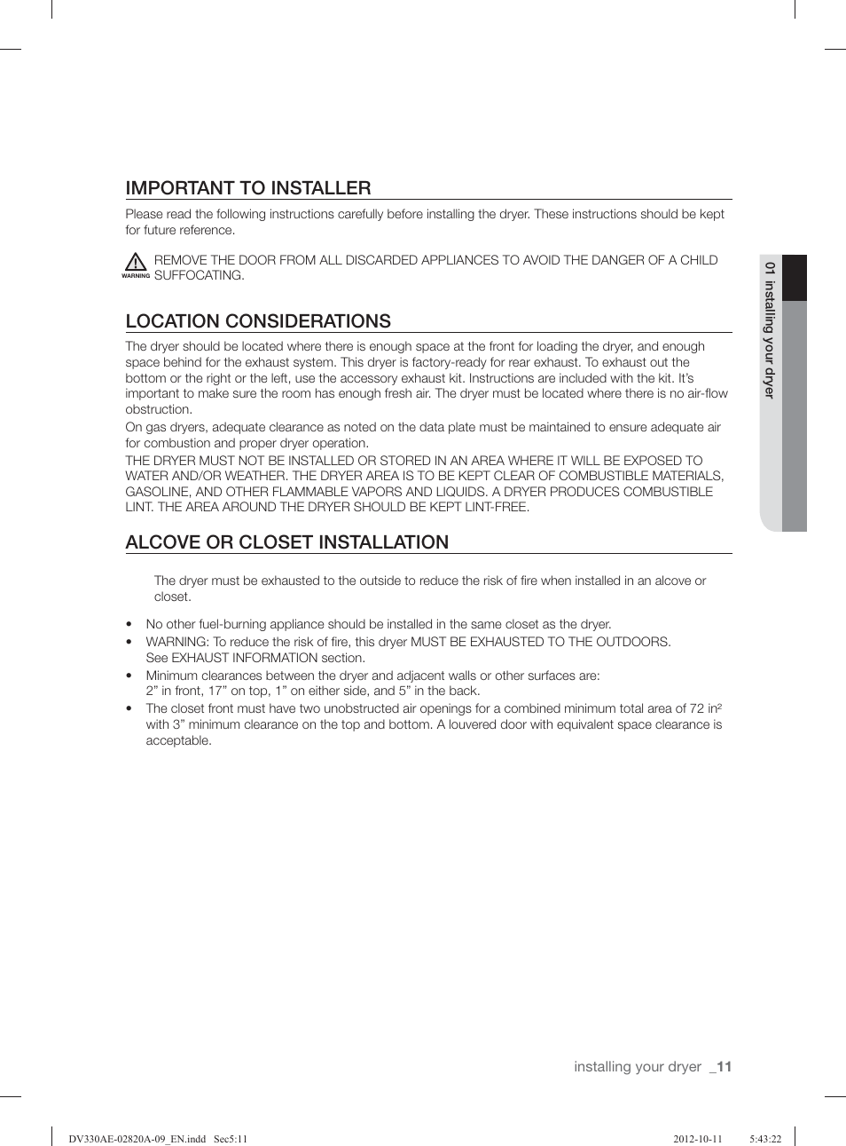 Important to installer, Location considerations, Alcove or closet installation | Samsung DV330AGB-XAA User Manual | Page 11 / 76
