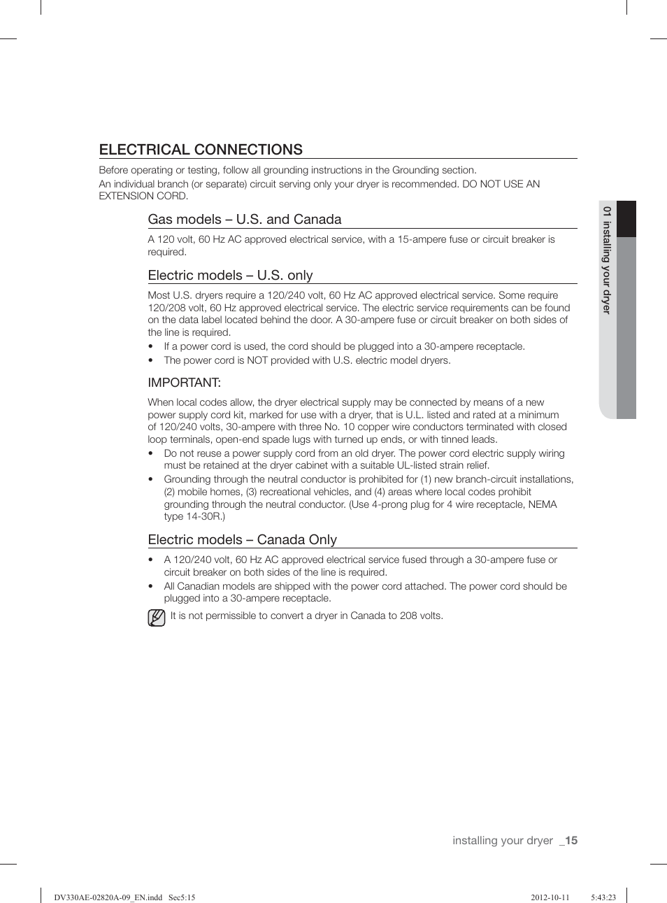 Electrical connections, Gas models – u.s. and canada, Electric models – u.s. only | Electric models – canada only | Samsung DV330AGB-XAA User Manual | Page 15 / 76