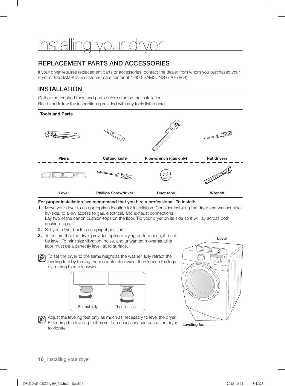 Installing your dryer, Replacement parts and accessories, Installation | Samsung DV330AGB-XAA User Manual | Page 16 / 76