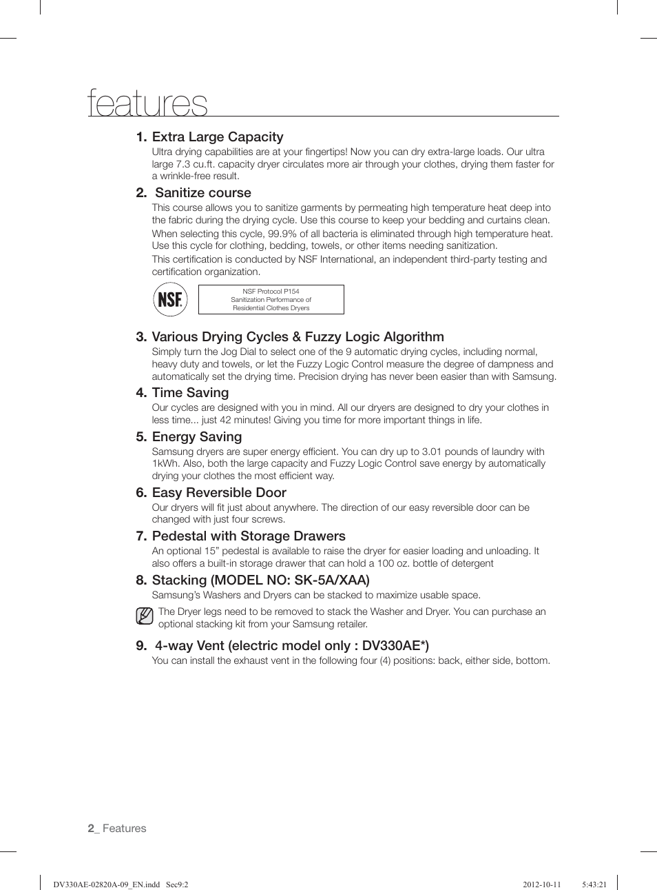Features | Samsung DV330AGB-XAA User Manual | Page 2 / 76
