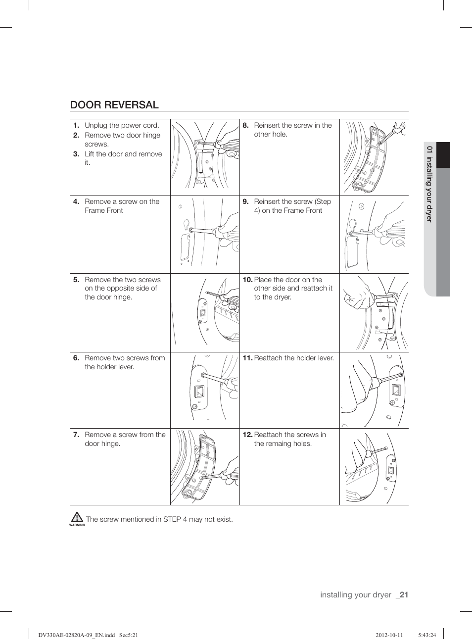 Door reversal | Samsung DV330AGB-XAA User Manual | Page 21 / 76