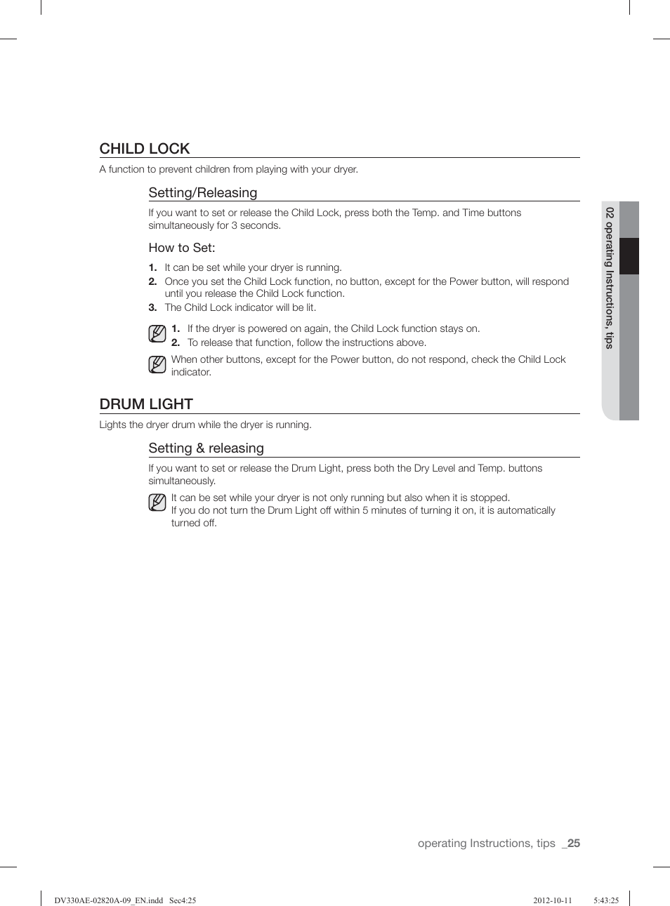 Child lock, Drum light, Setting/releasing | Setting & releasing | Samsung DV330AGB-XAA User Manual | Page 25 / 76