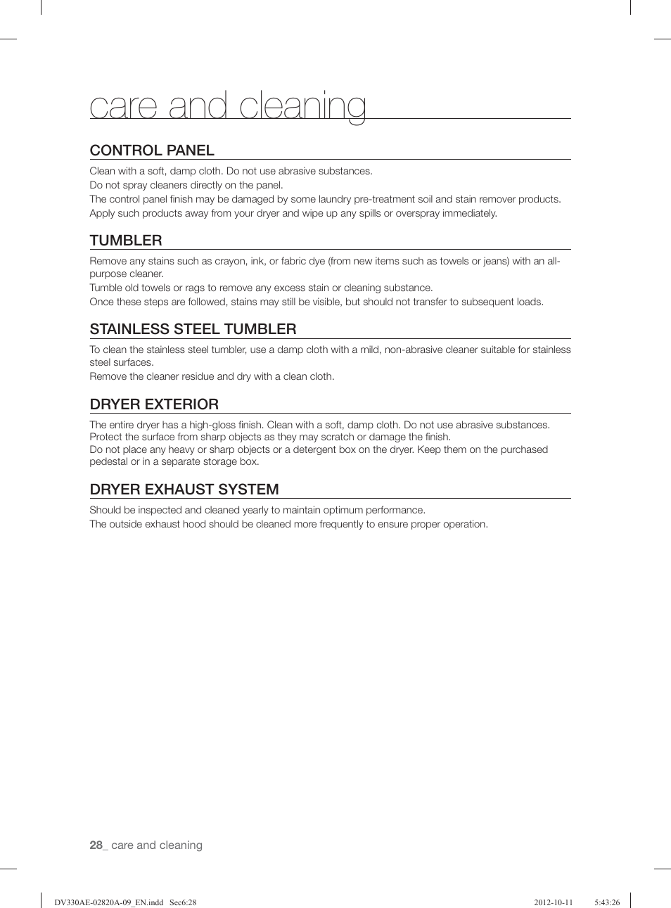 Care and cleaning, Control panel, Tumbler | Stainless steel tumbler, Dryer exterior, Dryer exhaust system | Samsung DV330AGB-XAA User Manual | Page 28 / 76