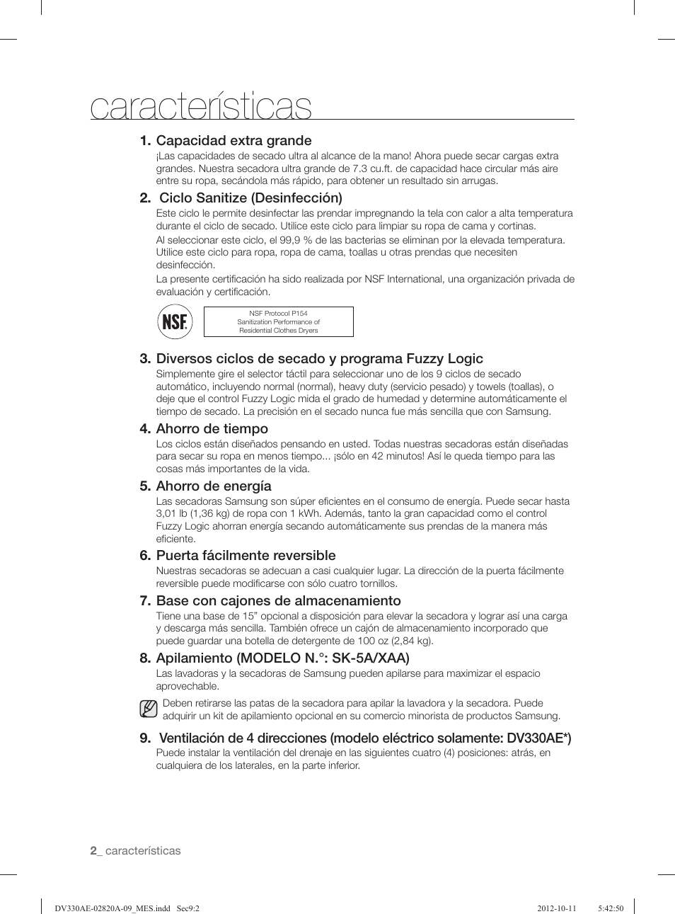 Características | Samsung DV330AGB-XAA User Manual | Page 40 / 76