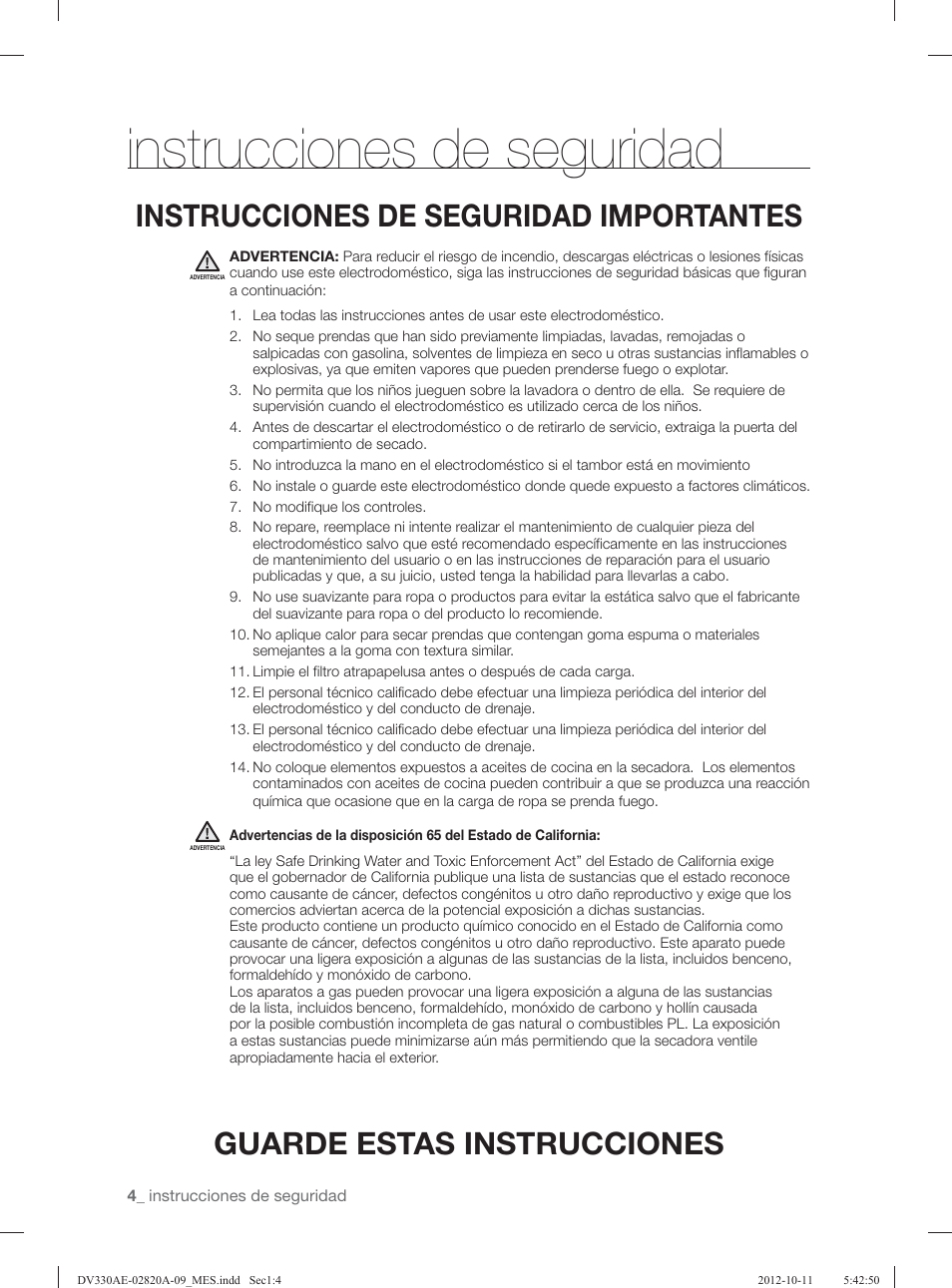 Instrucciones de seguridad, Guarde estas instrucciones, Instrucciones de seguridad importantes | Samsung DV330AGB-XAA User Manual | Page 42 / 76
