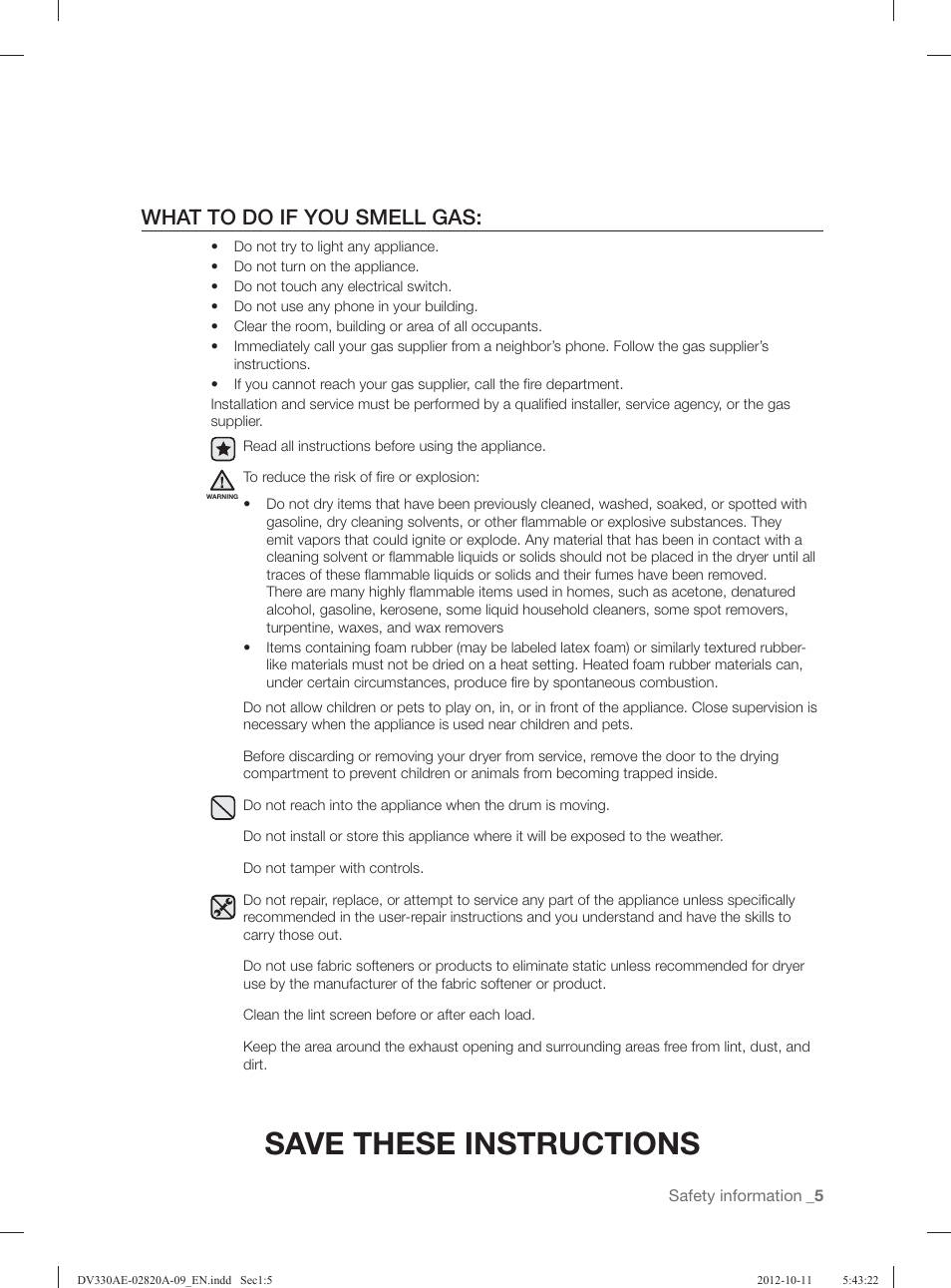 Save these instructions, What to do if you smell gas | Samsung DV330AGB-XAA User Manual | Page 5 / 76