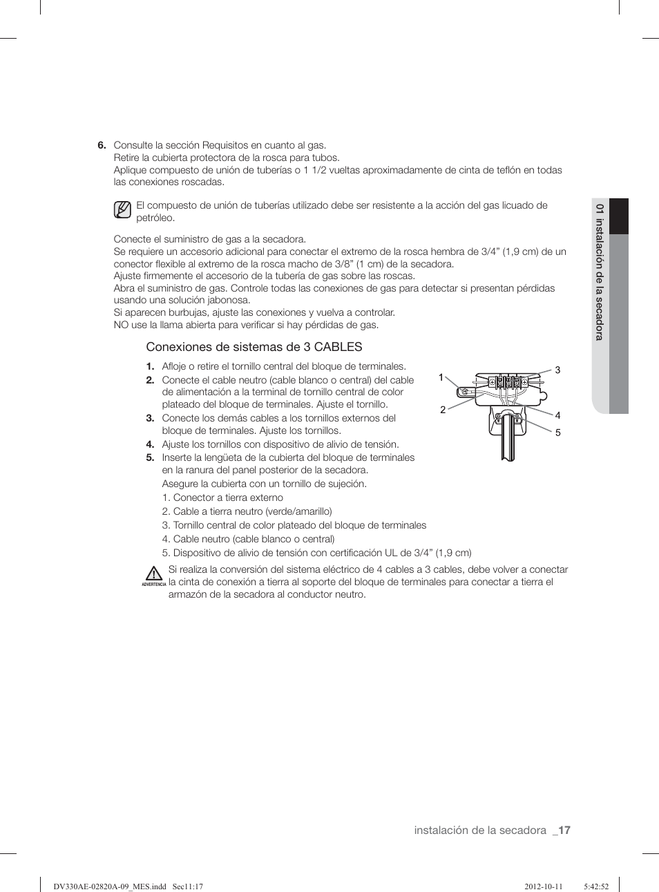 Conexiones de sistemas de 3 cables | Samsung DV330AGB-XAA User Manual | Page 55 / 76