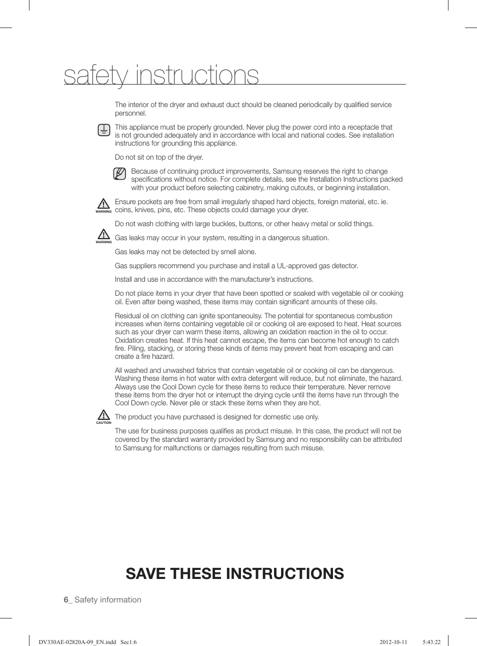 Safety instructions, Save these instructions | Samsung DV330AGB-XAA User Manual | Page 6 / 76