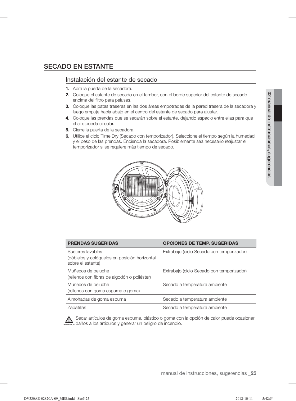 Secado en estante, Instalación del estante de secado | Samsung DV330AGB-XAA User Manual | Page 63 / 76