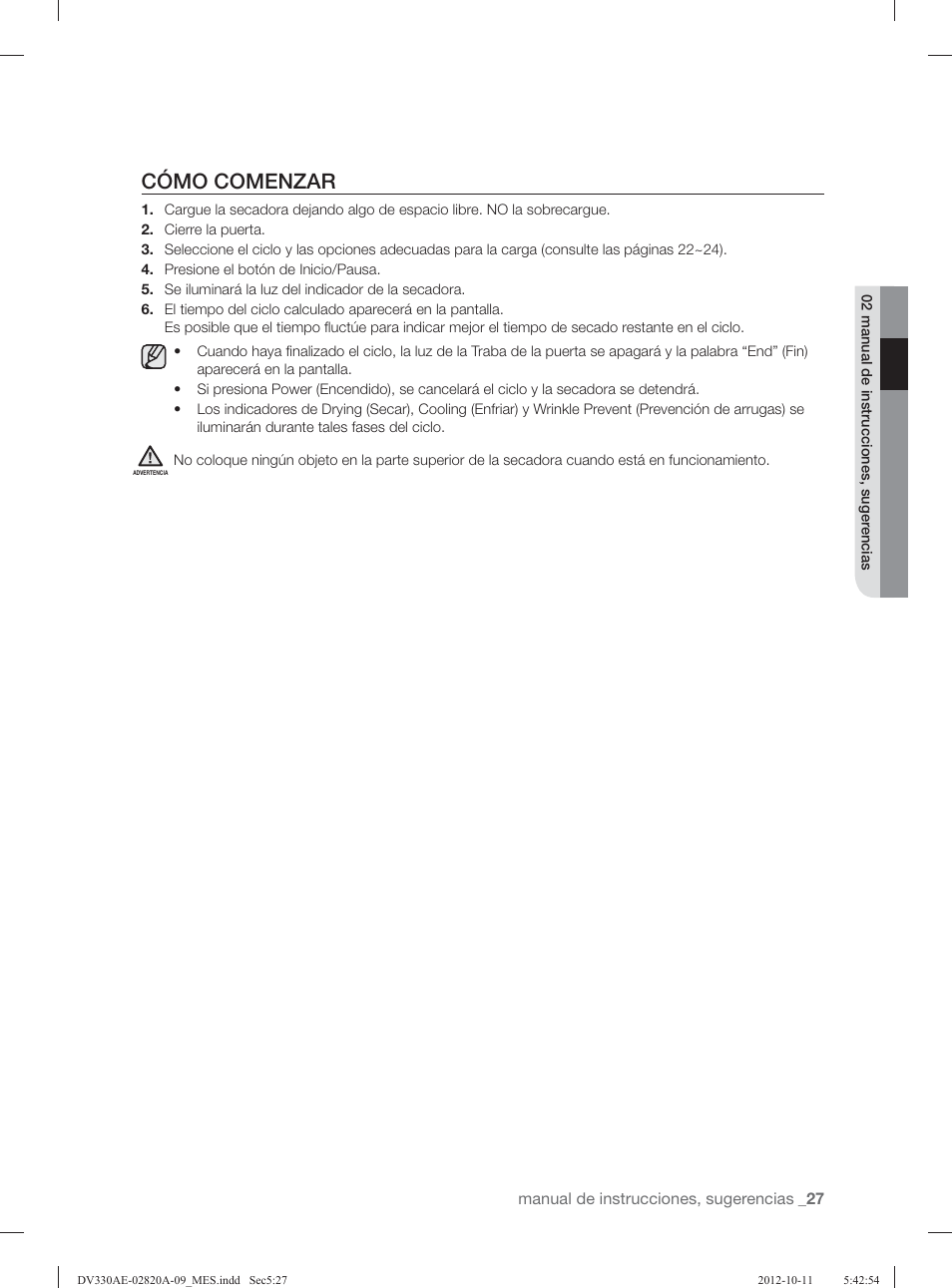 Cómo comenzar | Samsung DV330AGB-XAA User Manual | Page 65 / 76