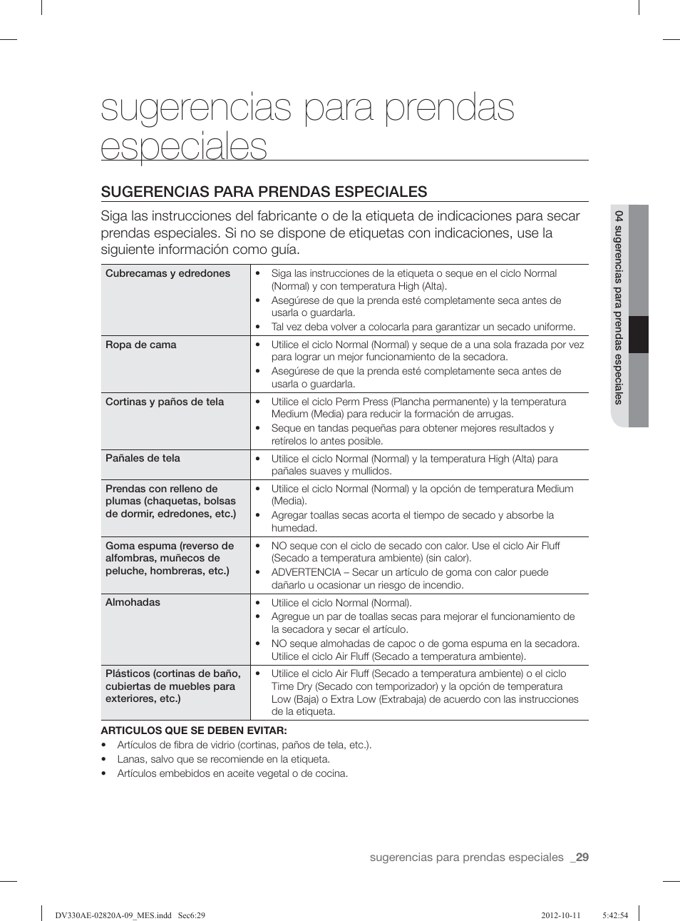 Sugerencias para prendas especiales | Samsung DV330AGB-XAA User Manual | Page 67 / 76