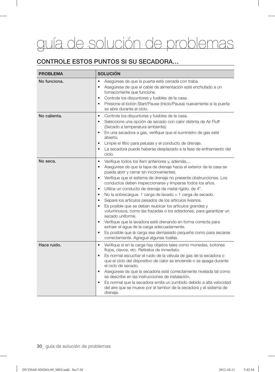 Guía de solución de problemas, Controle estos puntos si su secadora | Samsung DV330AGB-XAA User Manual | Page 68 / 76