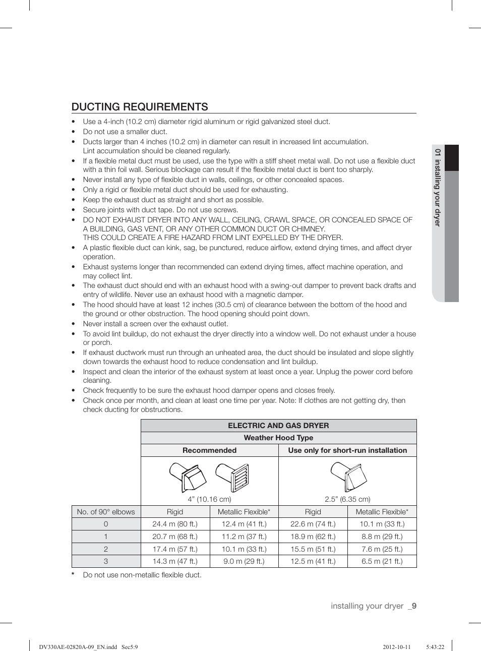 Ducting requirements | Samsung DV330AGB-XAA User Manual | Page 9 / 76