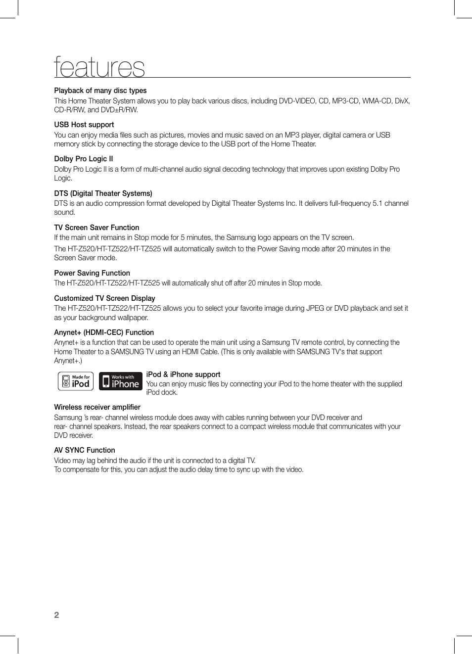 Features | Samsung HT-TZ522T-XAA User Manual | Page 2 / 78