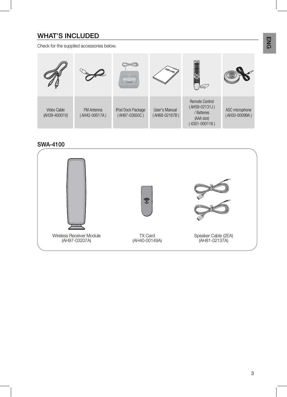 What’s included, Swa-4100 | Samsung HT-TZ522T-XAA User Manual | Page 3 / 78