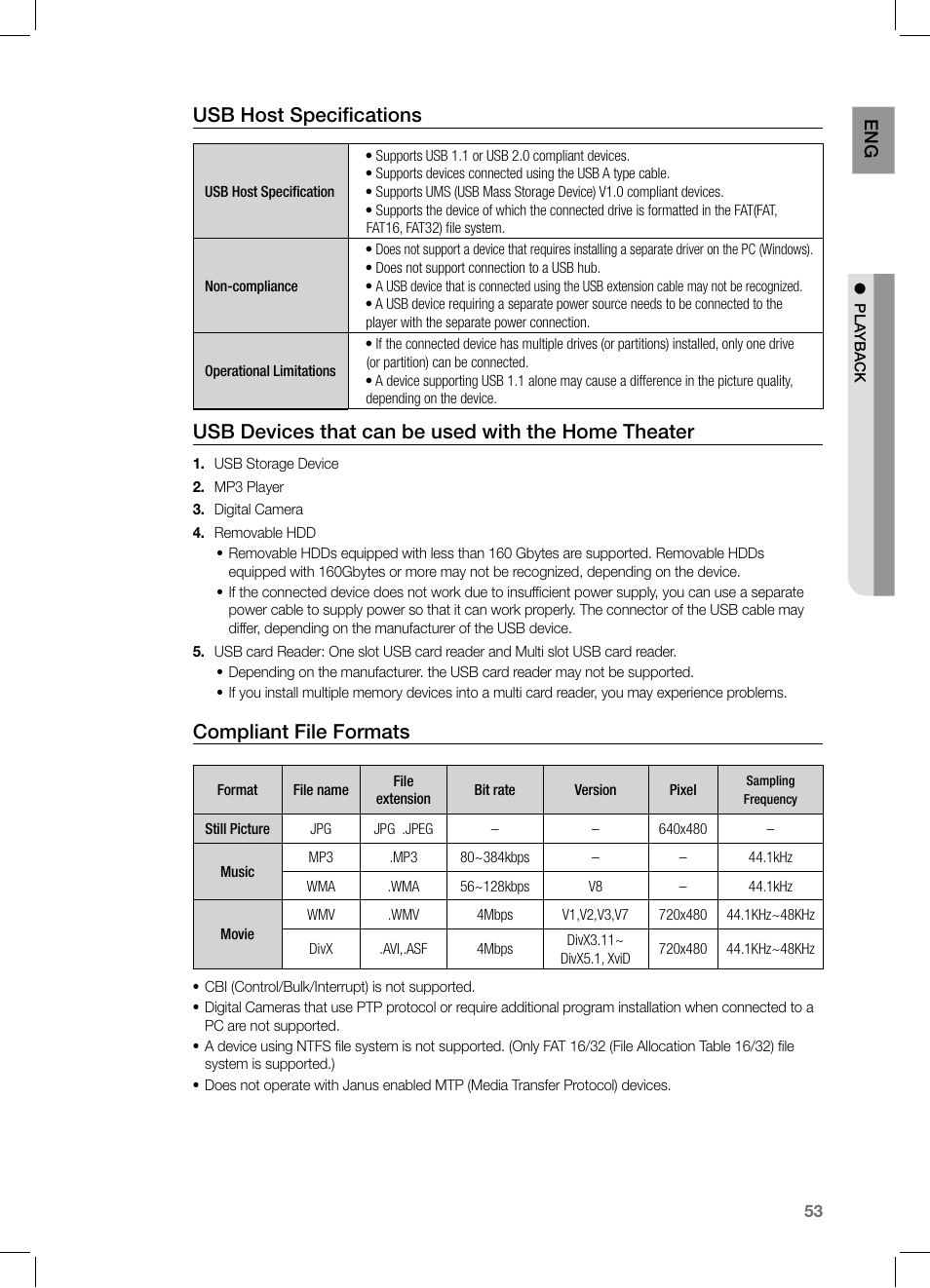 Usb host specifications, Usb devices that can be used with the home theater, Compliant file formats | En g | Samsung HT-TZ522T-XAA User Manual | Page 53 / 78