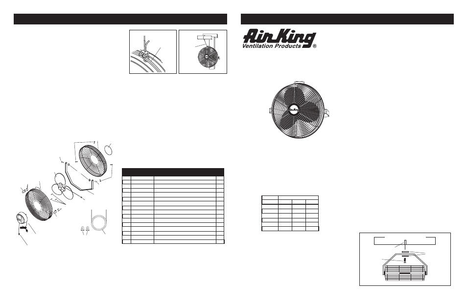 Ventilador de alta velocidad y montaje múltiple, Manual de instrucciones de operación y partes, Lea y guarde estas instrucciones | Información general sobre seguridad, Descripción, Especificaciones, Instalación en paredes / techos, Secondary support cable, Operation, Maintenance | Air King 9314 User Manual | Page 2 / 2