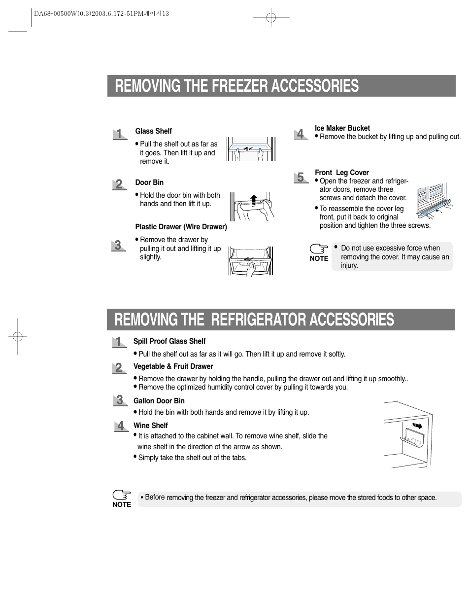 Removing the freezer accessories, Removing the refrigerator accessories | Samsung RS2533SW-XAA User Manual | Page 13 / 32