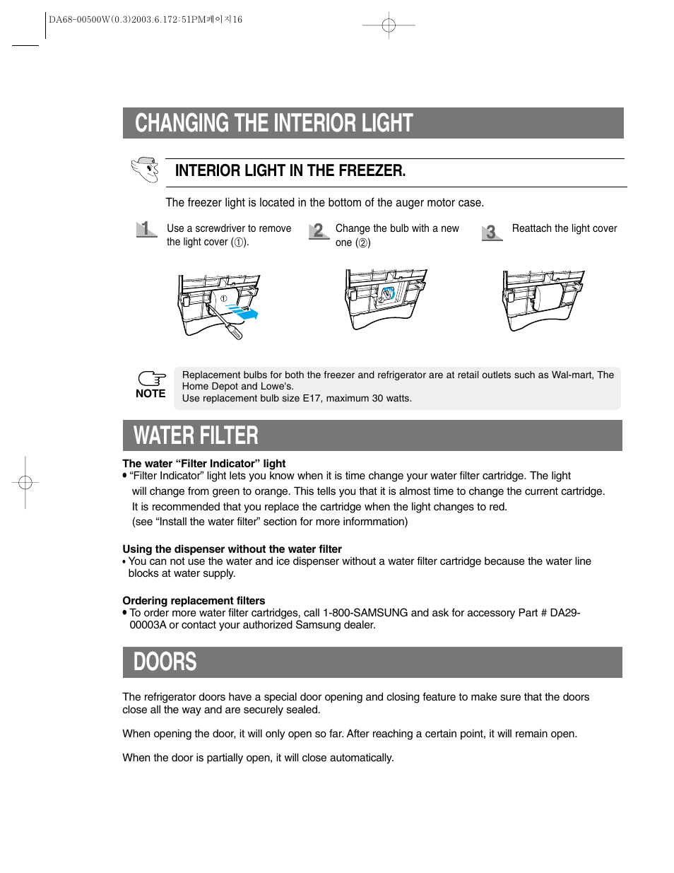 Changing the interior light, Water filter, Doors | Interior light in the freezer | Samsung RS2533SW-XAA User Manual | Page 16 / 32