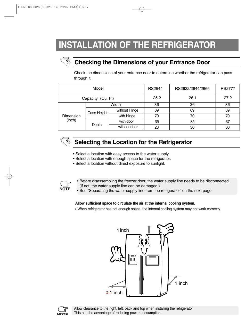 Installation of the refrigerator | Samsung RS2533SW-XAA User Manual | Page 17 / 32