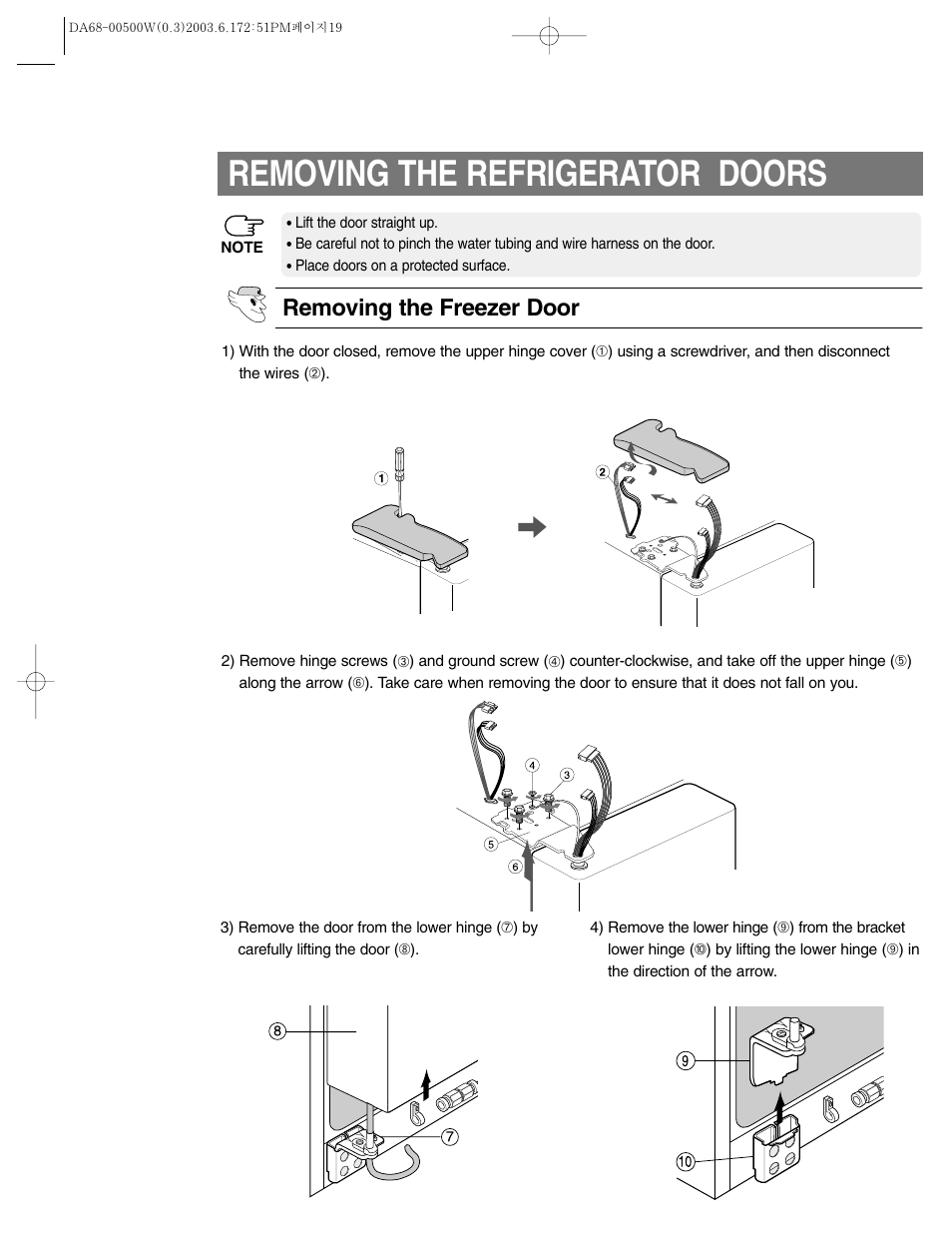 Removing the refrigerator doors, Removing the freezer door | Samsung RS2533SW-XAA User Manual | Page 19 / 32