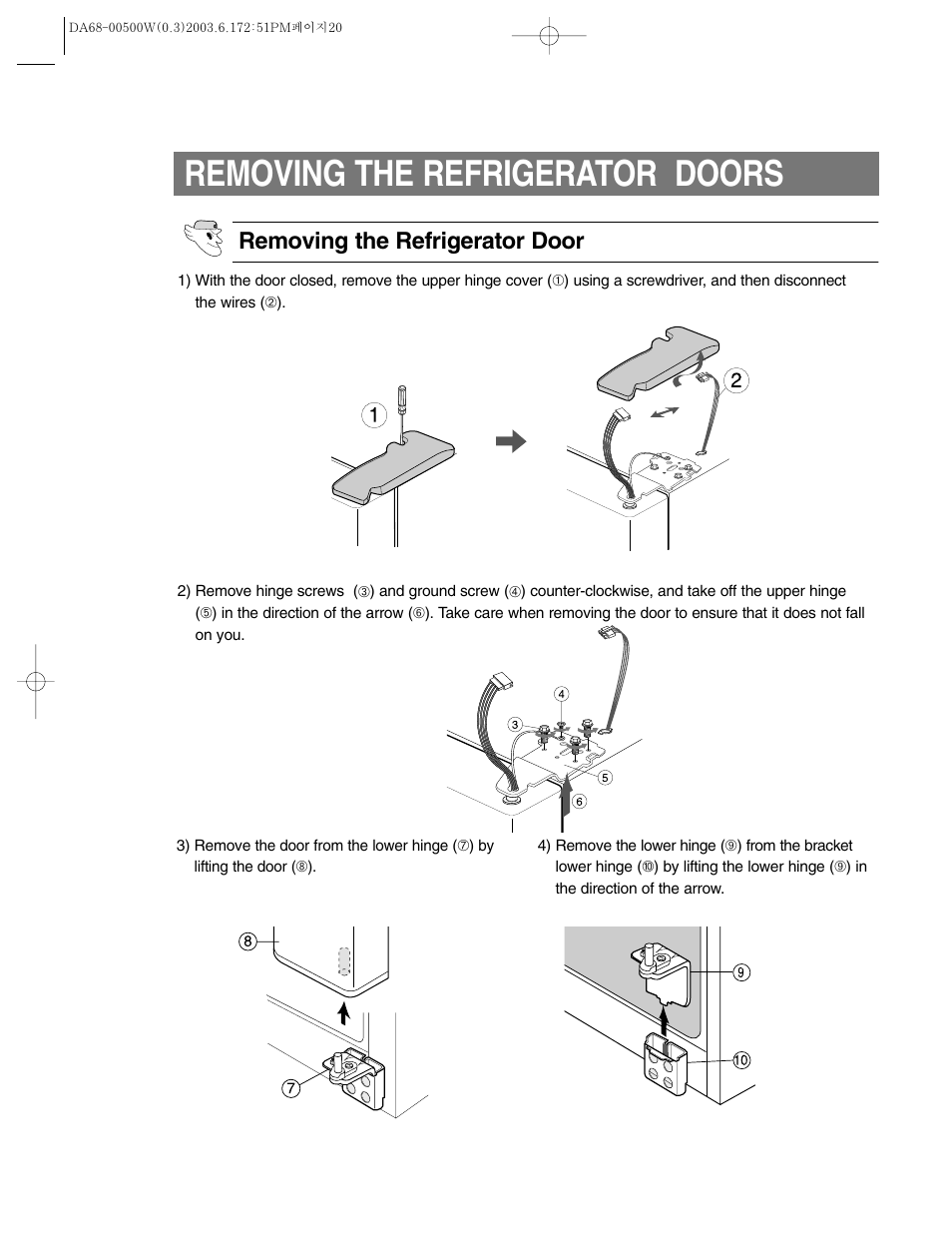 Removing the refrigerator doors, Removing the refrigerator door | Samsung RS2533SW-XAA User Manual | Page 20 / 32