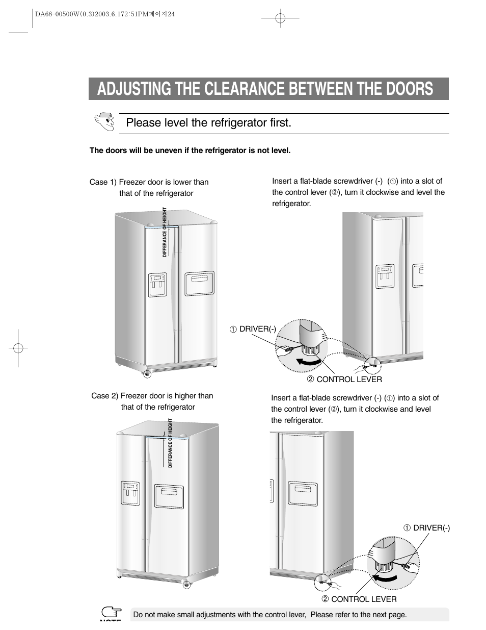 Adjusting the clearance between the doors, Please level the refrigerator first | Samsung RS2533SW-XAA User Manual | Page 24 / 32