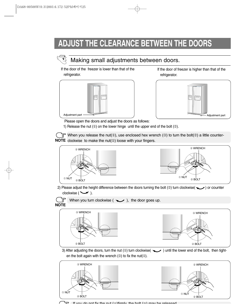 Adjust the clearance between the doors, Making small adjustments between doors | Samsung RS2533SW-XAA User Manual | Page 25 / 32