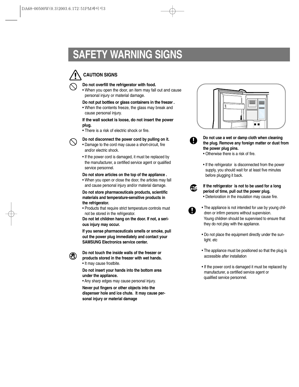 Safety warning signs | Samsung RS2533SW-XAA User Manual | Page 3 / 32