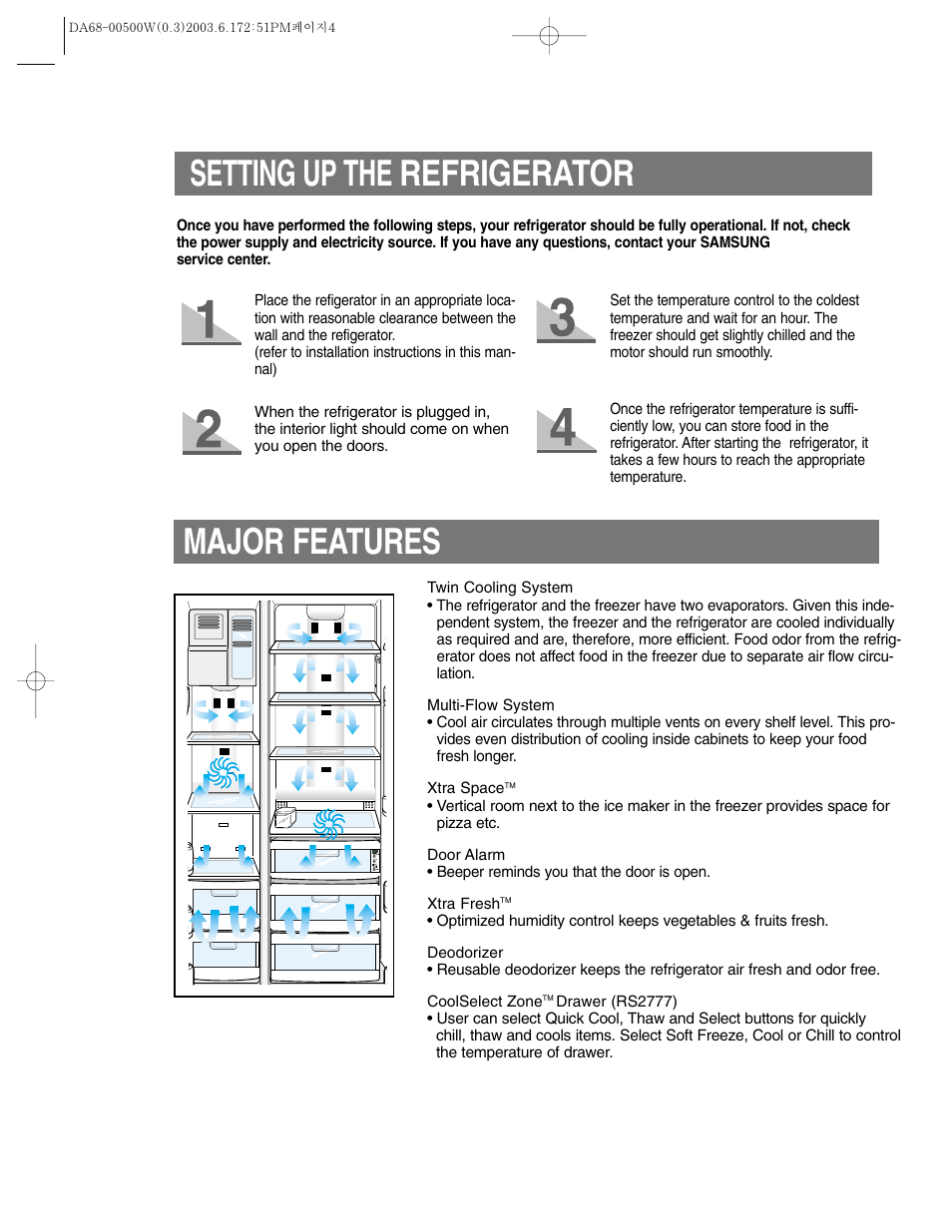 Setting up the refrigerator, Major features | Samsung RS2533SW-XAA User Manual | Page 4 / 32