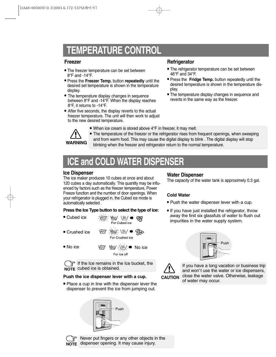 Temperature control, Ice and cold water dispenser | Samsung RS2533SW-XAA User Manual | Page 7 / 32