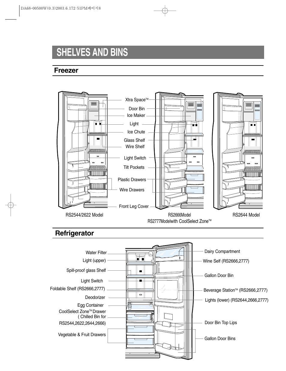 Shelves and bins, Freezer, Refrigerator | Samsung RS2533SW-XAA User Manual | Page 8 / 32