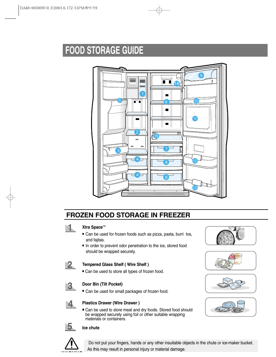 Food storage guide, Frozen food storage in freezer | Samsung RS2533SW-XAA User Manual | Page 9 / 32