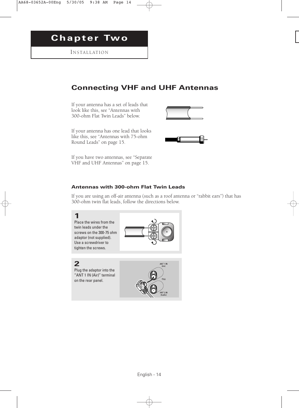 Chapter 2: installation, Connecting vhf and uhf antennas, Antennas with 300-ohm flat twin leads | Samsung TXR3080WHX-XAA User Manual | Page 14 / 80