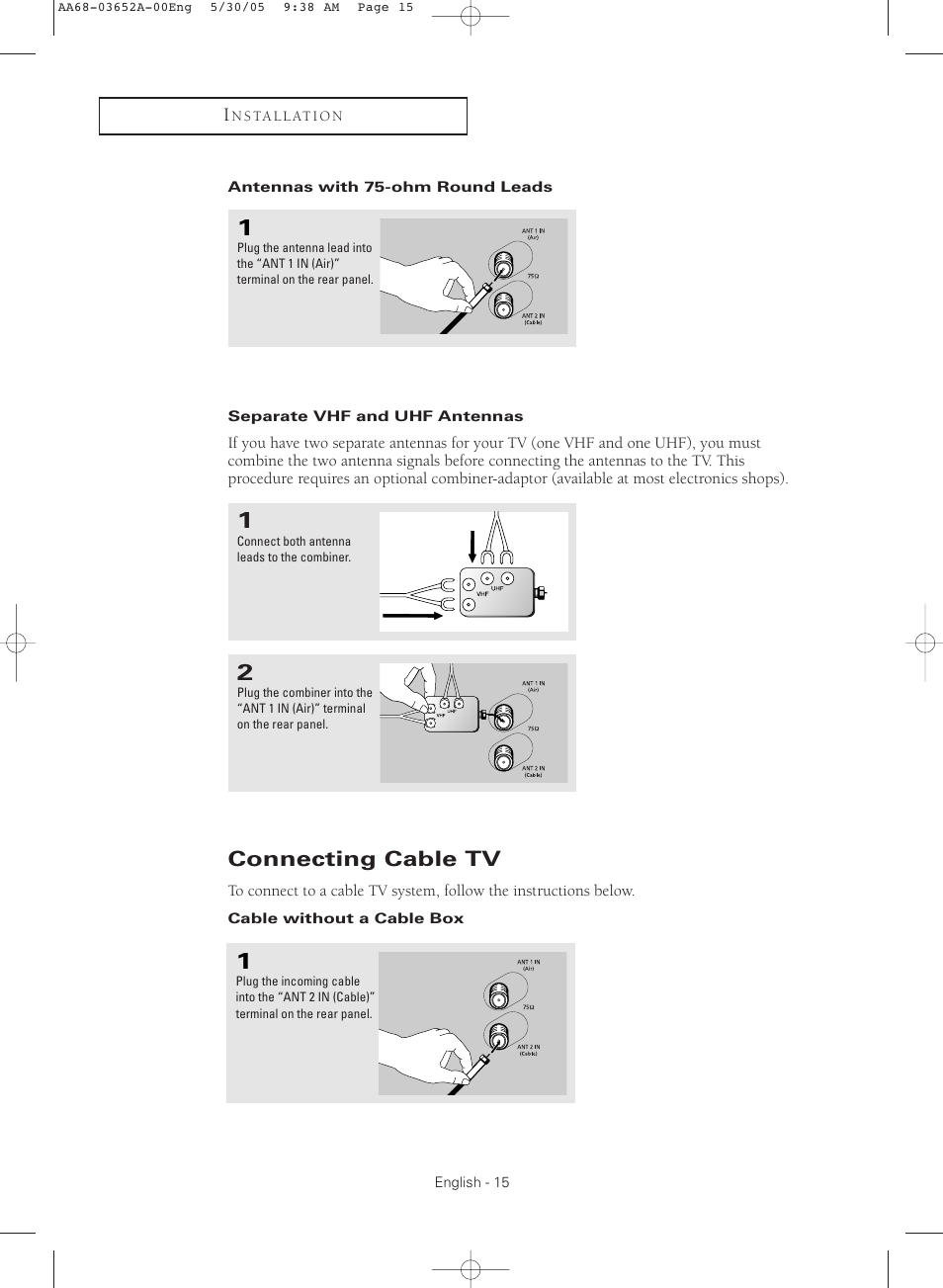 Antennas with 75-ohm round leads, Separate vhf and uhf antennas, Connecting cable tv | Cable without a cable box | Samsung TXR3080WHX-XAA User Manual | Page 15 / 80