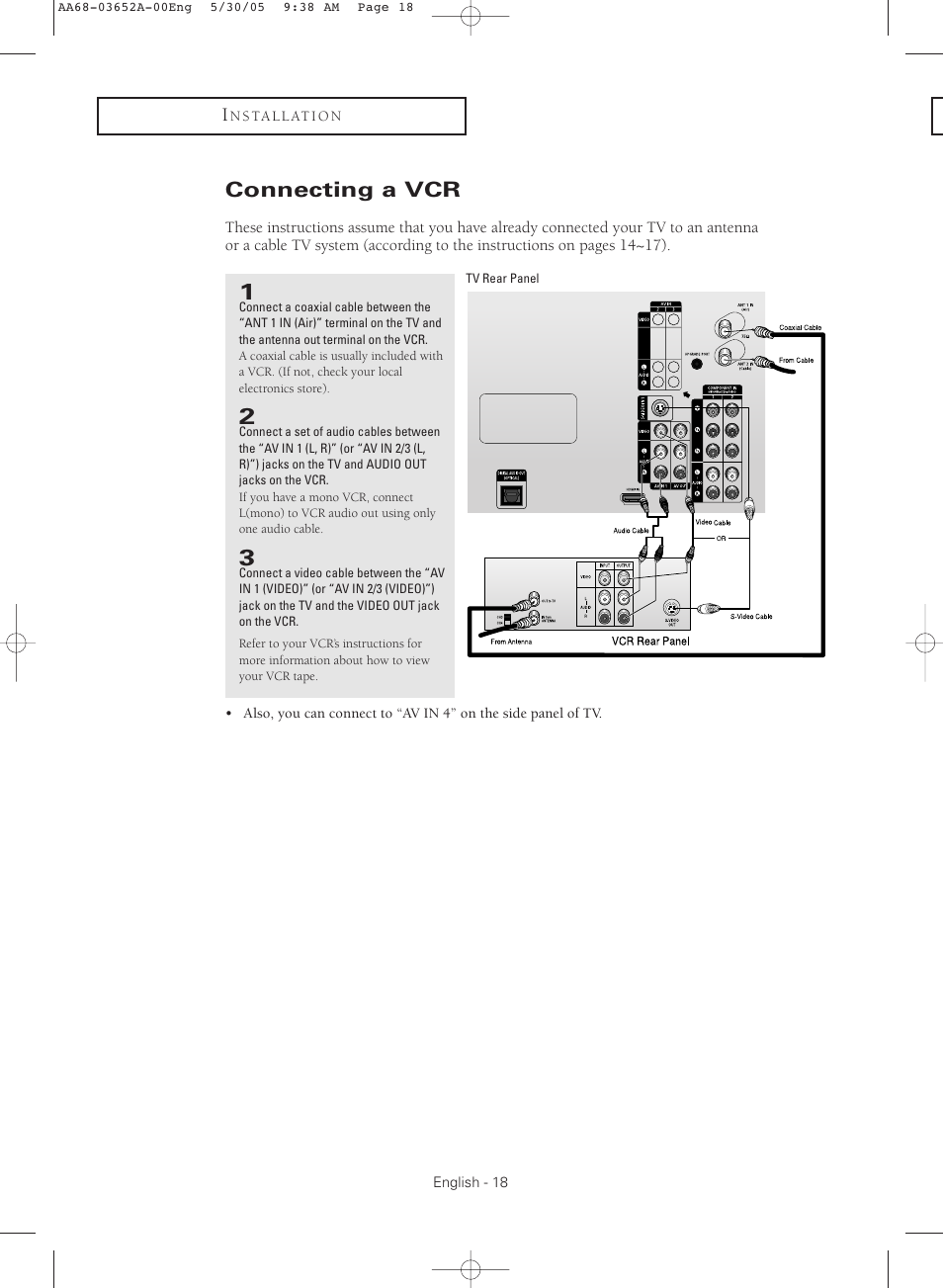 Connecting a vcr | Samsung TXR3080WHX-XAA User Manual | Page 18 / 80