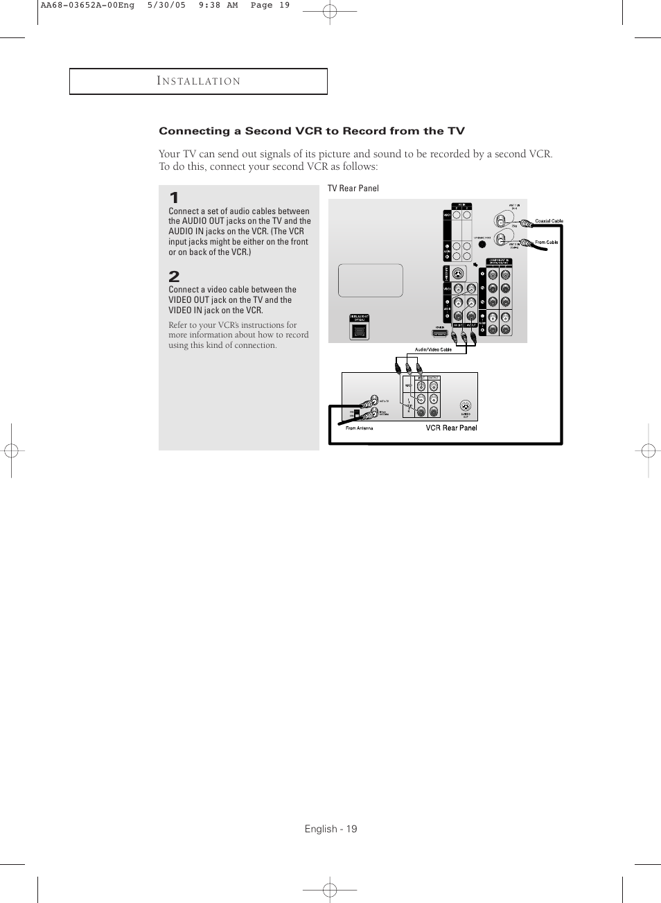 Connecting a second vcr to record from the tv | Samsung TXR3080WHX-XAA User Manual | Page 19 / 80