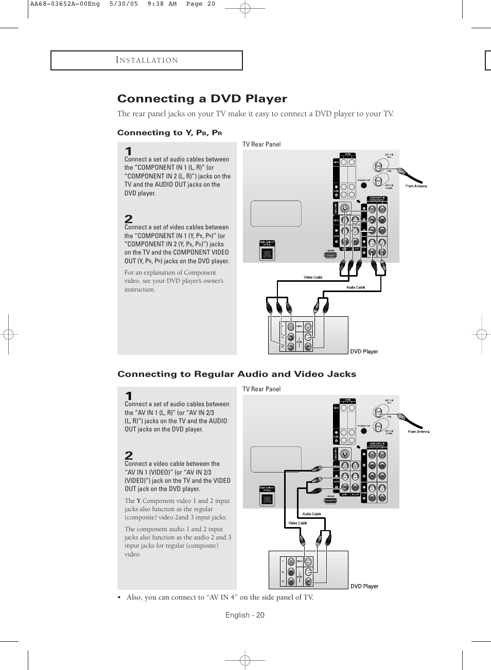 Connecting a dvd player, Connecting to y, pb, pr, Connecting to regular audio and video jacks | Samsung TXR3080WHX-XAA User Manual | Page 20 / 80